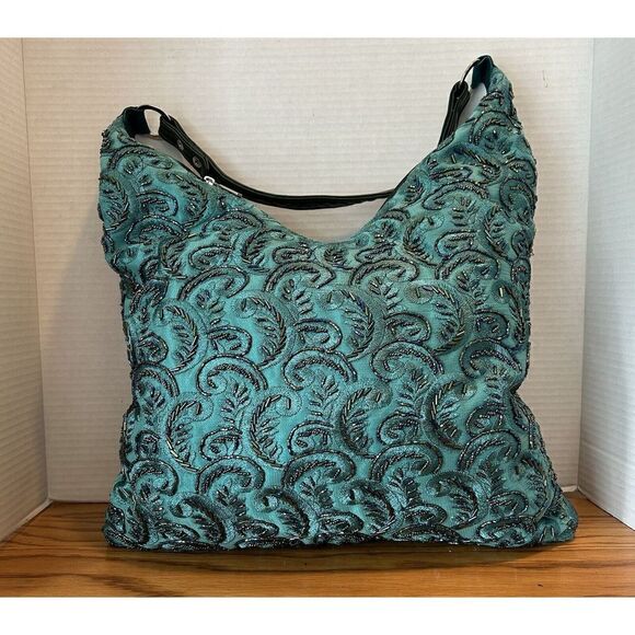 Green Beaded Embroidered Paisley Evening Bag Interchangeable Straps - Picture 3 of 8